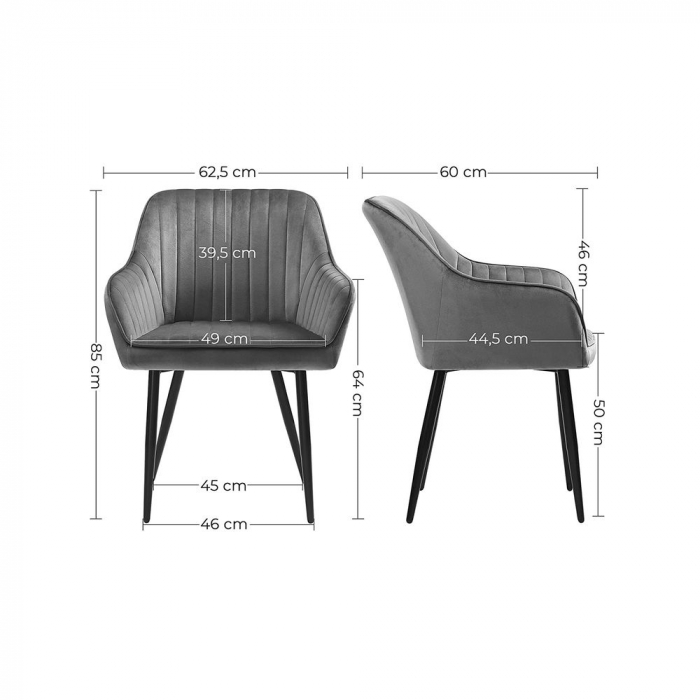Scaun de dinning tapitat cu catifea , sezut din spuma , picioare metalice , cu cotiere , 62,5 x 60 x 85 cm , negru [7]