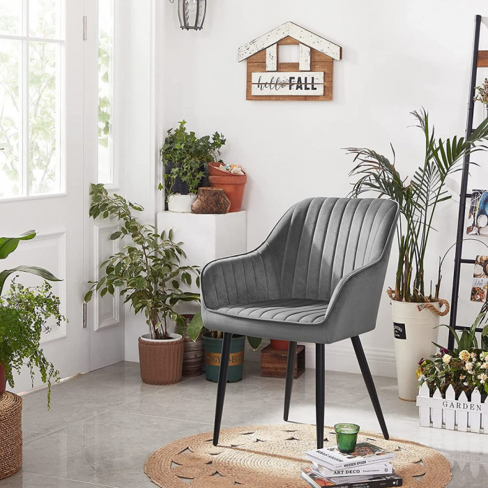 Scaun de dinning tapitat cu catifea , sezut din spuma , picioare metalice , cu cotiere , 62,5 x 60 x 85 cm , negru [4]