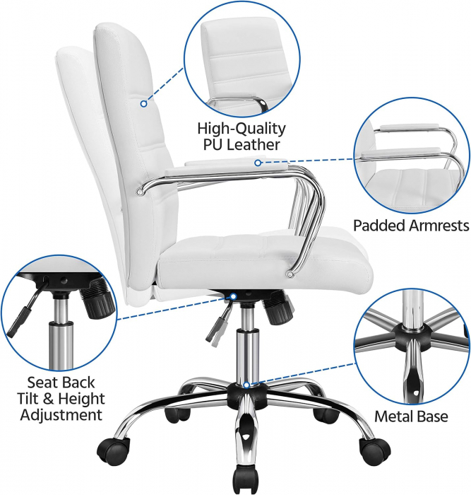Scaun ergonomic pentru birou cu inaltime reglabila din  piele ecologica , cu functie de inclinare , 61,5 x 60 x (93-103) cm , alb [9]