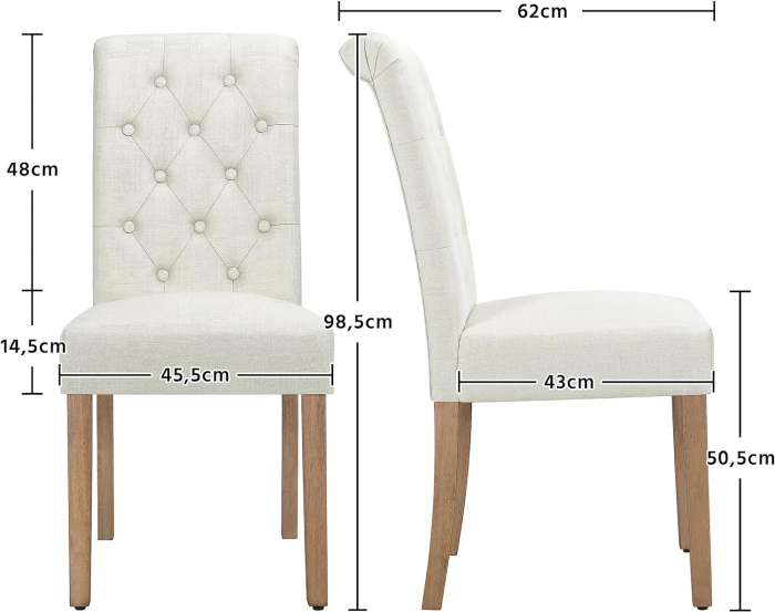 Set 2 scaune tapitate cu spatar inalt, picioare din lemn de stejar masiv cu protectii pentru podea, 45, 5 x 62 x 98, 5 cm, crem [4]