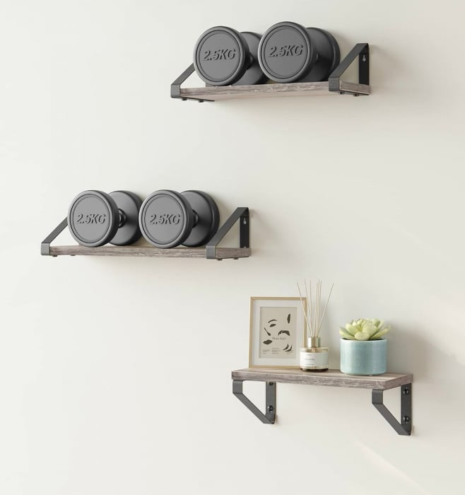Set 3 rafturi plutitoare , cu suport metalic , montabile in 2 moduri , PAL/ metal , 12 x 40 x 11 cm , negru/gri [8]