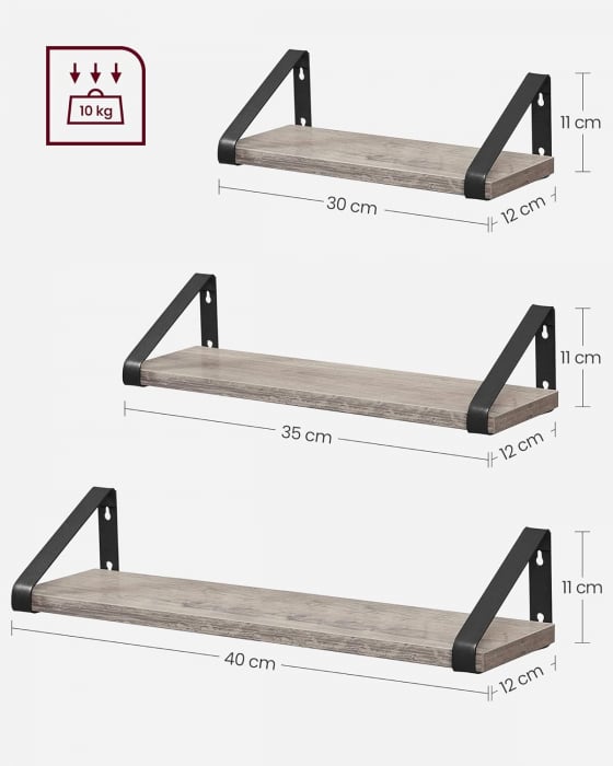 Set 3 rafturi plutitoare , cu suport metalic , montabile in 2 moduri , PAL/ metal , 12 x 40 x 11 cm , negru/gri [5]