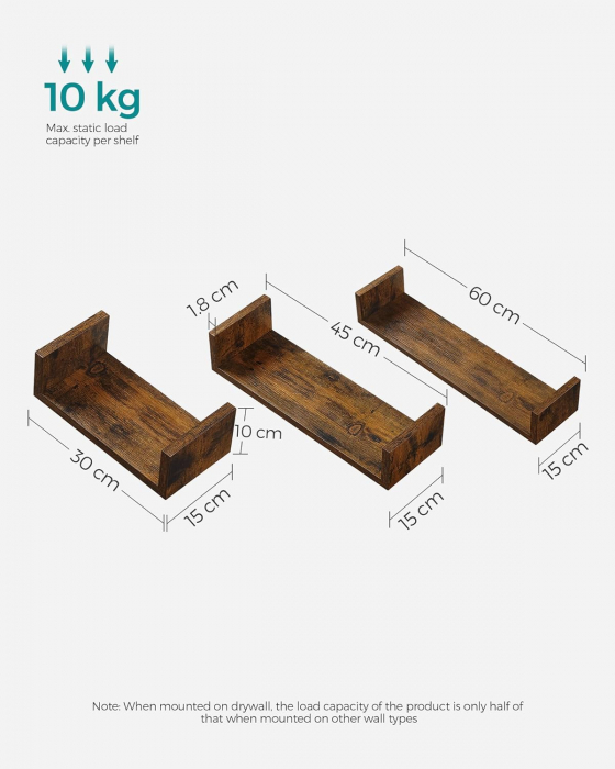 Set 3 rafturi plutitoare , MDF , sustin pana la 10kg per raft , 15 x 60 x 10 cm , maro vintage [4]