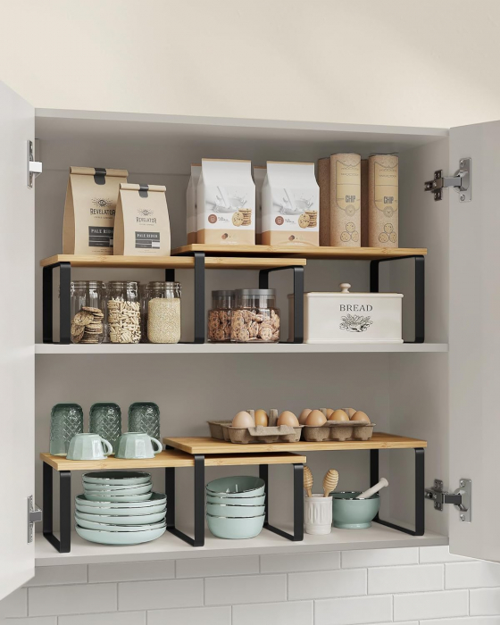 Set 4 rafturi de depozitare extensibile cu picioare metalice si blat din bambus , negru / natur [2]