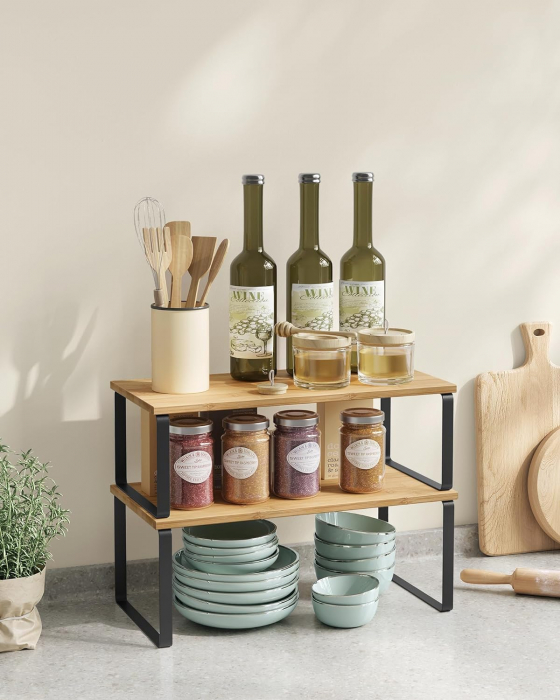 Set 4 rafturi de depozitare extensibile cu picioare metalice si blat din bambus , negru / natur [8]