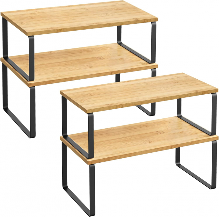 Set 4 rafturi de depozitare extensibile cu picioare metalice si blat din bambus , negru / natur [3]