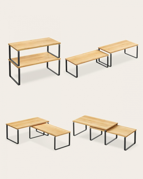 Set 4 rafturi de depozitare extensibile cu picioare metalice si blat din bambus , negru / natur [7]