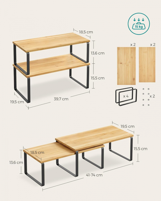 Set 4 rafturi de depozitare extensibile cu picioare metalice si blat din bambus , negru / natur [5]