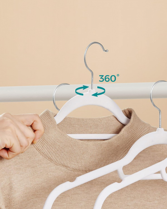 Set 50 de umerase din catifea cu functie antialunecare , bara pentru cravate si carlig rotativ 360 grade , catifea , alb [4]