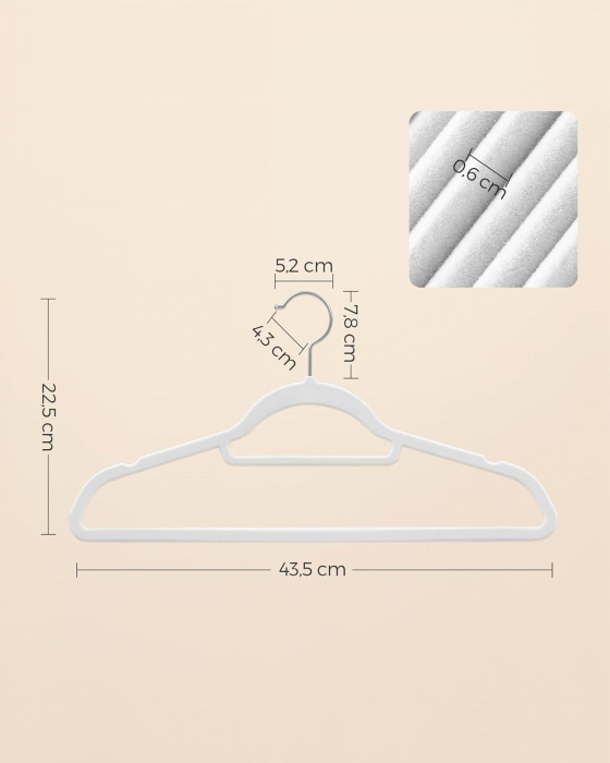 Set 50 de umerase din catifea cu functie antialunecare , bara pentru cravate si carlig rotativ 360 grade , catifea , alb [6]