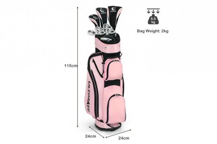 Set complet de crose de golf pentru femei, 10 piese cu husa fiecare , din fibra de carbon si aliaj de aluminiu, geanta transport stand-up cu bretele reglabile , carbon/aliaj aluminiu/fier , roz [6]