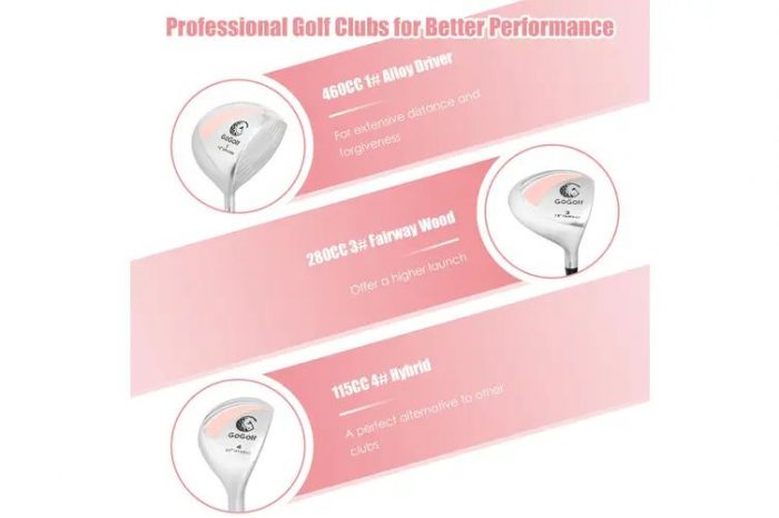 Set complet de crose de golf pentru femei, 10 piese cu husa fiecare , din fibra de carbon si aliaj de aluminiu, geanta transport stand-up cu bretele reglabile , carbon/aliaj aluminiu/fier , roz [5]