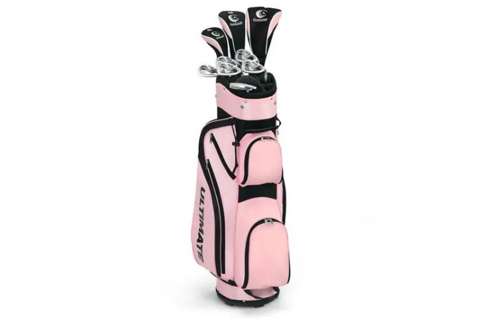 Set complet de crose de golf pentru femei, 10 piese cu husa fiecare , din fibra de carbon si aliaj de aluminiu, geanta transport stand-up cu bretele reglabile , carbon/aliaj aluminiu/fier , roz [2]