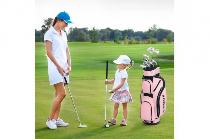 Set complet de crose de golf pentru femei, 10 piese cu husa fiecare , din fibra de carbon si aliaj de aluminiu, geanta transport stand-up cu bretele reglabile , carbon/aliaj aluminiu/fier , roz [4]