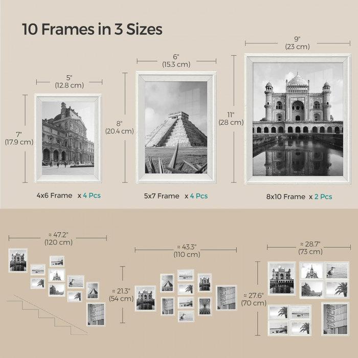 Set de 10 rame foto cu sabloane interioare incluse ,  23 x 28 cm , 15,3 x 20,4 cm, 12,8 x 17,9 cm , MDF , agatatori incluse , alb [6]