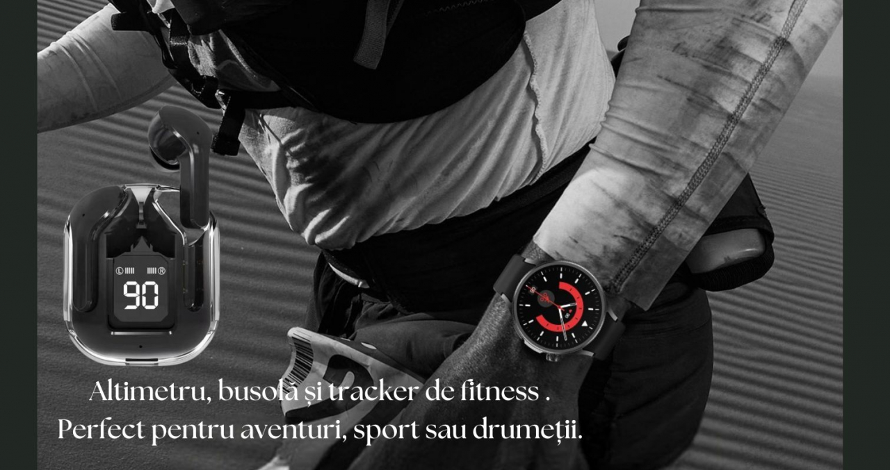 Set Smartwatch/Bratara fitness + casti wireless ,  Display IPS 1.5" inch , rezolutie 320x240 pixeli, 2 bratari -silicon + metal,  monitorizare puls și somn, fitness tracker, rezistent la apă IPX-6, Ne [9]