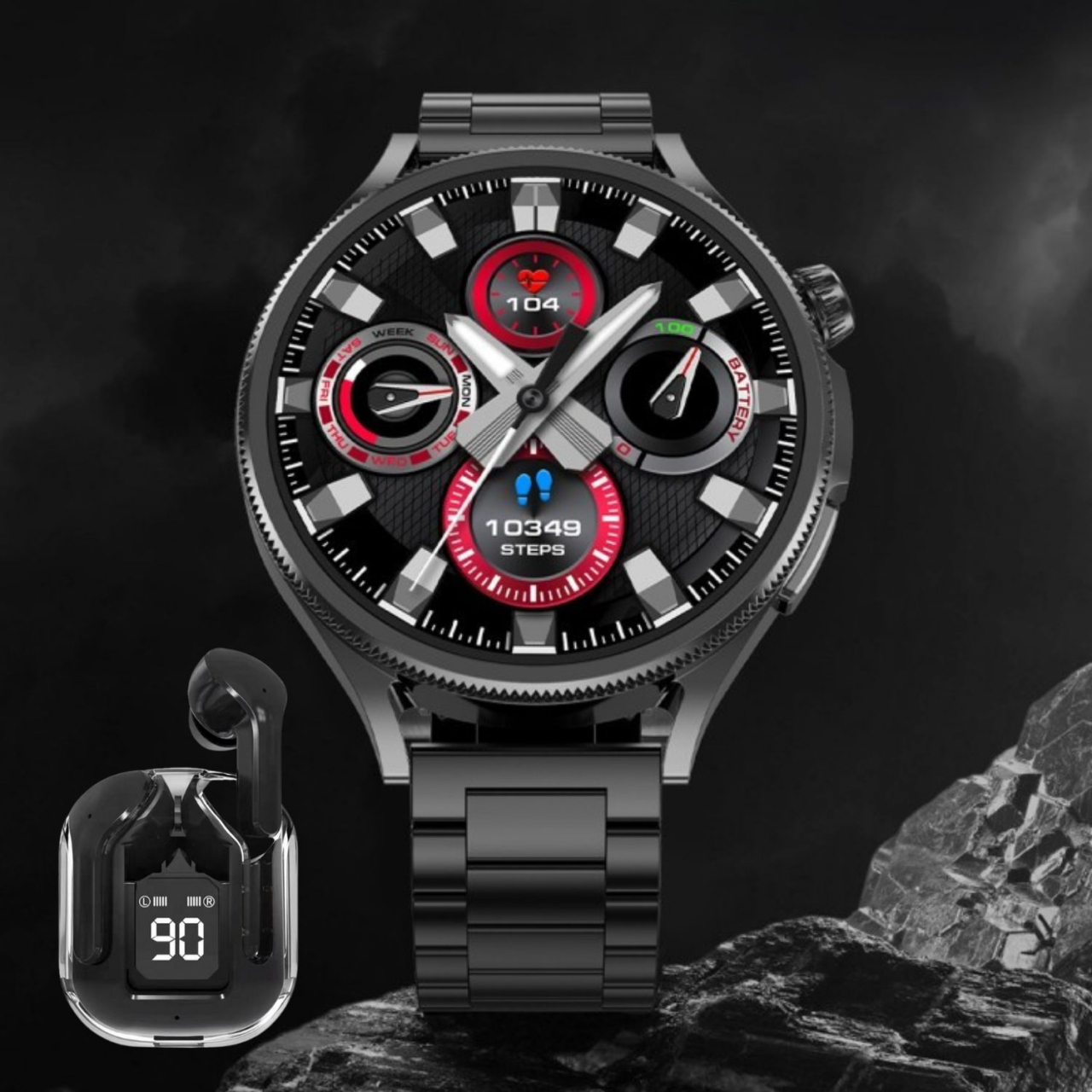 Set Smartwatch/Bratara fitness + casti wireless ,  Display IPS 1.5" inch , rezolutie 320x240 pixeli, 2 bratari -silicon + metal,  monitorizare puls și somn, fitness tracker, rezistent la apă IPX-6, Ne [3]