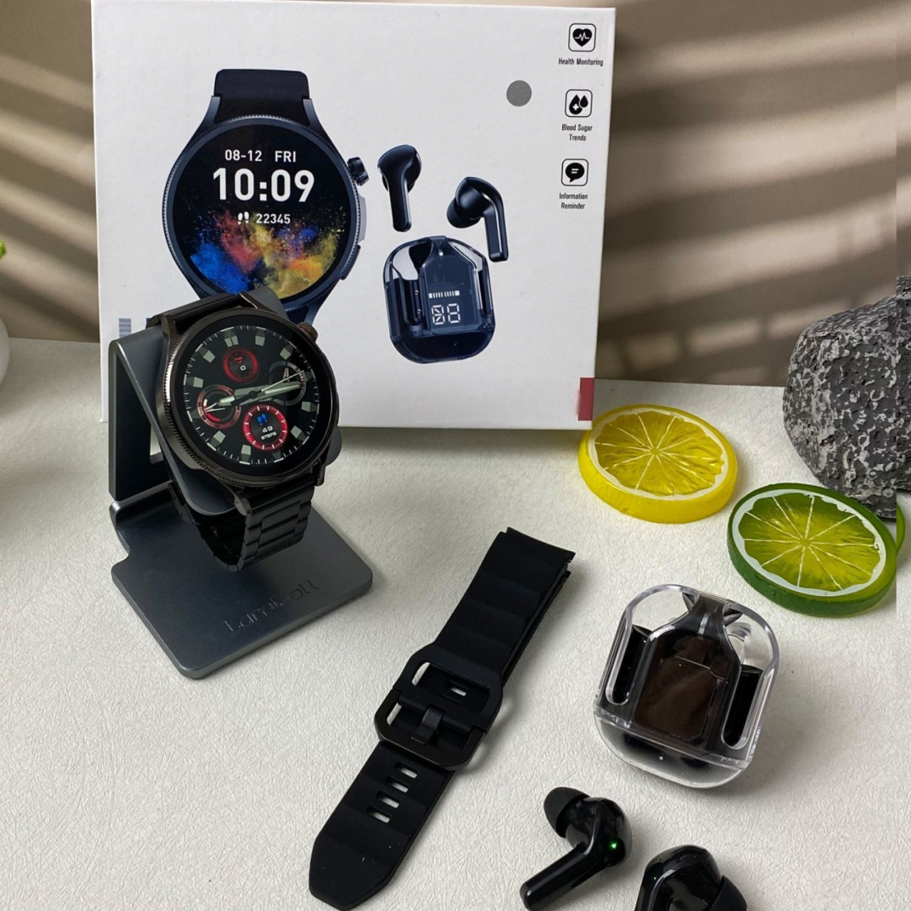 Set Smartwatch/Bratara fitness + casti wireless ,  Display IPS 1.5" inch , rezolutie 320x240 pixeli, 2 bratari -silicon + metal,  monitorizare puls și somn, fitness tracker, rezistent la apă IPX-6, Ne [2]
