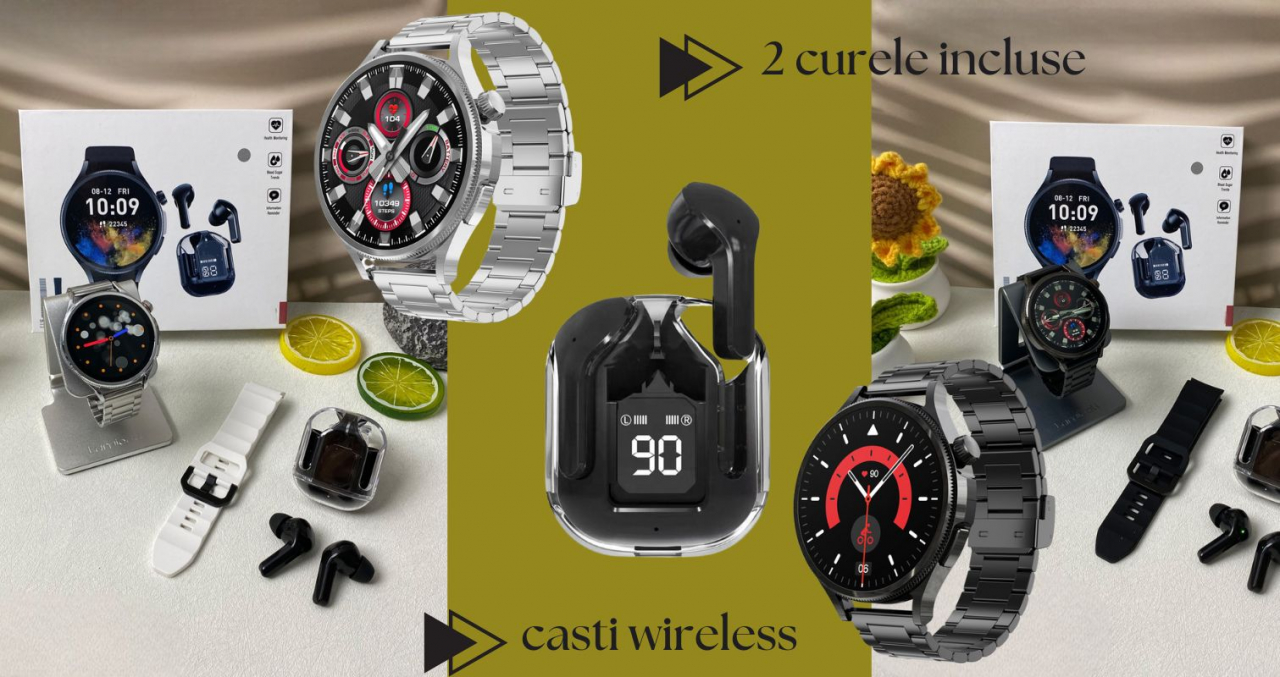 Set Smartwatch/Bratara fitness + casti wireless ,  Display IPS 1.5" inch , rezolutie 320x240 pixeli, 2 bratari -silicon + metal,  monitorizare puls și somn, fitness tracker, rezistent la apă IPX-6, Ne [6]