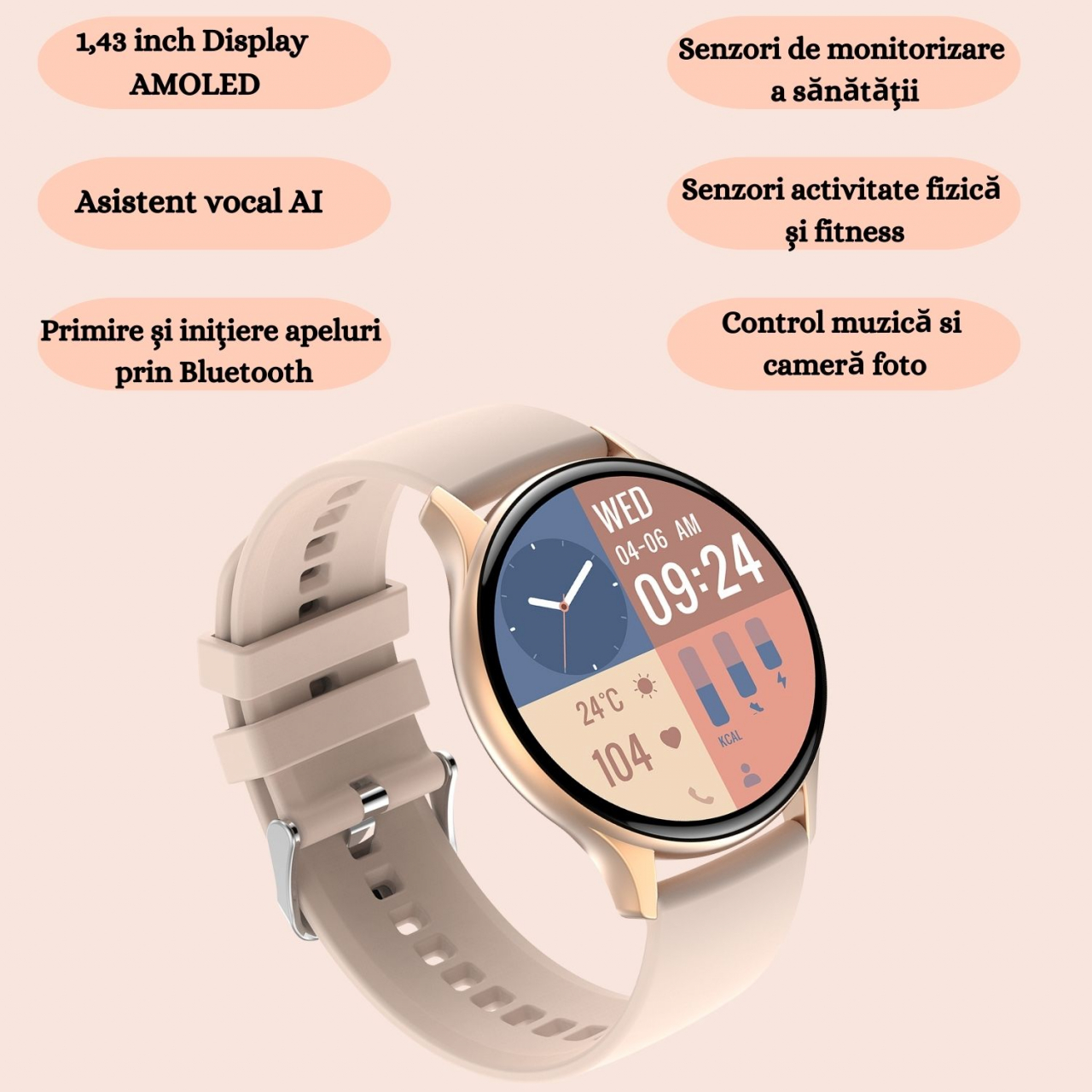 Smartwatch /Bratara fitness, Display AMOLED 1.43", monitorizare ritm cardiac și somn, fitness tracker, apeluri și notificări, autonomie 5-10 Zile, rezistent la apa si transpiratie  IP67, Compatibil An [13]
