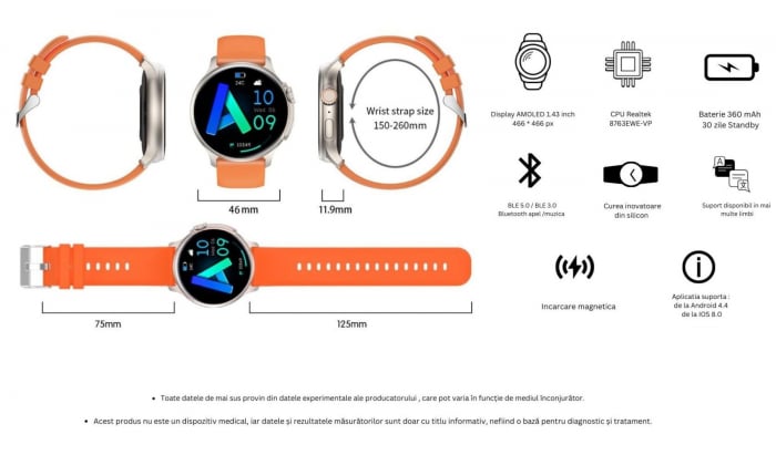 Smartwatch Syncro , Display AMOLED 1.43 inch , Senzori monitorizare a sanatatii, Standby 30 de zile, Rezistent la apa , Multiple moduri sportive , Incarcare wireless [14]