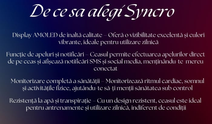 Smartwatch Syncro , Display AMOLED 1.43 inch , Senzori monitorizare a sanatatii, Standby 30 de zile, Rezistent la apa , Multiple moduri sportive , Incarcare wireless [21]