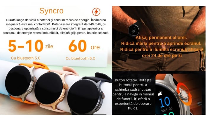 Smartwatch Syncro , Display AMOLED 1.43 inch , Senzori monitorizare a sanatatii, Standby 30 de zile, Rezistent la apa , Multiple moduri sportive , Incarcare wireless [16]