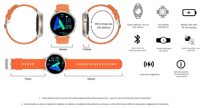 Smartwatch Syncro , Display AMOLED 1.43 inch , Senzori monitorizare a sanatatii, Standby 30 de zile, Rezistent la apa , Multiple moduri sportive , Incarcare wireless [6]