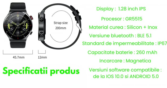 Smartwatch Zynox  , Ecran Amoled 1.28 inch , Monitorizare Sănătate, Rezistent la Apă IP68, Apeluri Bluetooth, Autonomie 10 Zile, Senzori monitorizare activitate sportiva , Curea metalica + Curea de si [5]