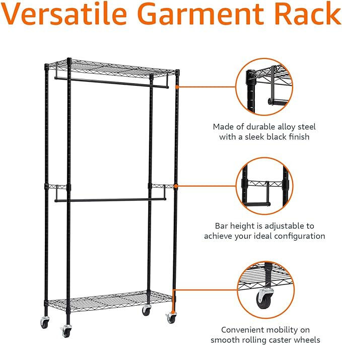Stender pentru haine cu tija dubla , reglabil pe inaltime , greutate maxima 181 kg , 91x36x183 cm, otel, negru [4]