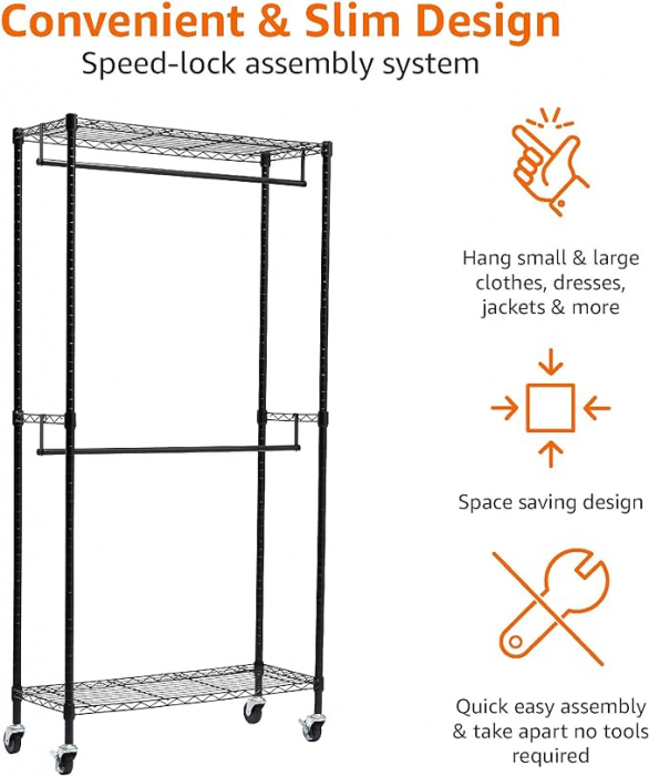 Stender pentru haine cu tija dubla , reglabil pe inaltime , greutate maxima 181 kg , 91x36x183 cm, otel, negru [6]