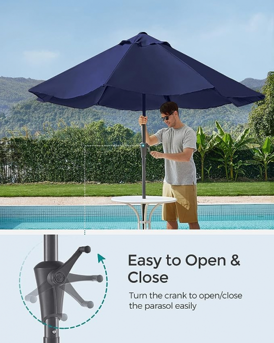 Umbrelă de soare 3 m, UPF 50+, umbrelă de soare, înclinare 30° în 2 direcții, manivelă pentru deschidere și închidere, pentru grădini în aer liber, piscină, balcon, terasă, bază neinclusă, albastru [5]