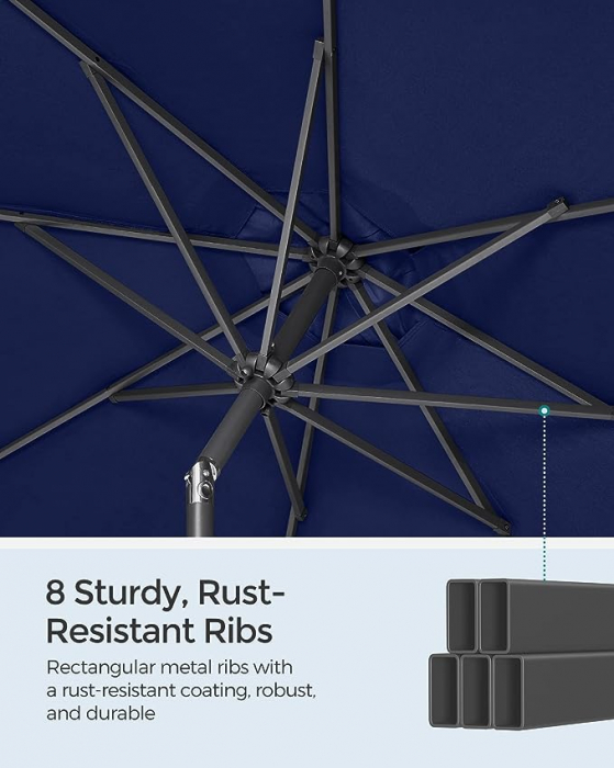 Umbrelă de soare 3 m, UPF 50+, umbrelă de soare, înclinare 30° în 2 direcții, manivelă pentru deschidere și închidere, pentru grădini în aer liber, piscină, balcon, terasă, bază neinclusă, albastru [4]