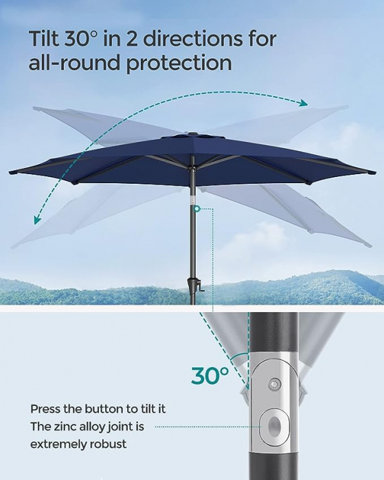 Umbrelă de soare 3 m, UPF 50+, umbrelă de soare, înclinare 30° în 2 direcții, manivelă pentru deschidere și închidere, pentru grădini în aer liber, piscină, balcon, terasă, bază neinclusă, albastru [3]