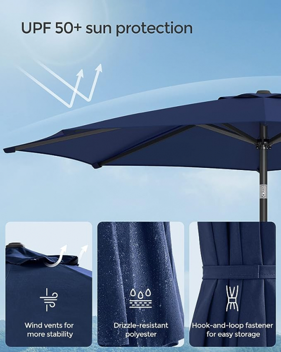 Umbrelă de soare 3 m, UPF 50+, umbrelă de soare, înclinare 30° în 2 direcții, manivelă pentru deschidere și închidere, pentru grădini în aer liber, piscină, balcon, terasă, bază neinclusă, albastru [6]