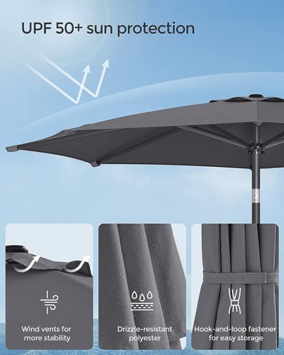 Umbrelă de soare pentru exterior 2,7 m, UPF 50+, înclinare 30° în 2 direcții, manivelă pentru deschidere și închidere, bază neinclusă, gri [4]