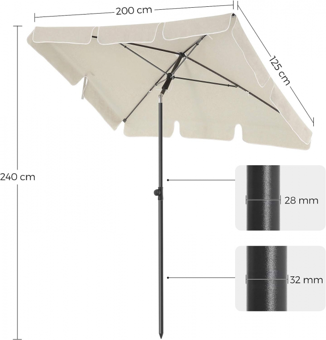 Umbrelă de soare pentru exterior, 2 x 1,25 m, protecție UPF 50+, cu geantă de transport , Crem [7]