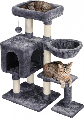 Ansamblu de joaca pentru pisici , cu 2 platforme, pestera si hamac , minge pufoasa cu clopotel , 96 cm , plus, sisal , gri inchis [6]