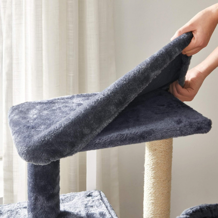 Ansamblu de joaca pentru pisici cu pestera , hamac si 2 platforme , din plus si sisal , inaltime 84 cm , gri inchis [5]