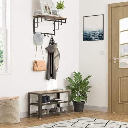 Banca cu suport pentru pantofi , 2 rafturi  depozitare pantofi, cadru de otel , 45 x 30 x73 cm , gri /negru [2]