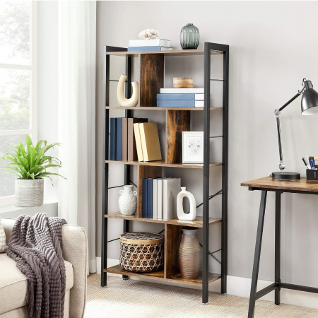Mobilier camera copii - Biblioteca cu cadru metalic , 4 polite , 74 x 30 x 154,5 cm , MDF , maro vintage
