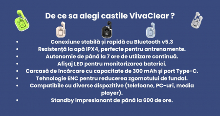 Casti wireless bluetooth, VivaClear , Audio , Fara fir, Afisaj Digital, Bluetooth 5.3, Rezistente la apa , Microfon dual cu ENC – Anularea zgomotului exterior, USB-C, control touch, compatibilitate un [8]