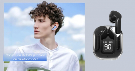 Casti wireless bluetooth, VivaClear , Audio , Fara fir, Afisaj Digital, Bluetooth 5.3, Rezistente la apa , Microfon dual cu ENC – Anularea zgomotului exterior, USB-C, control touch, compatibilitate un [18]