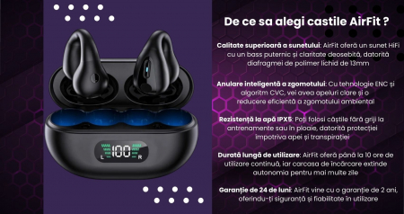 Casti wireless on ear  AirFit , fara fir , audio , Bluetooth 5.3, HiFi Sunet premium , Functie anulare zgomot exterior, Control tactil , rezistente la apa , autonomie 10 ore , compatibilitate universa [1]