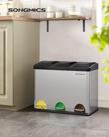 Mobilier de bucatarie - Coș de gunoi metalic 3 x 15L, cu pedala, pentru separarea deșeurilor și reciclare, 59.3 x 30.2 x 46.7 cm,  otel, argintiu