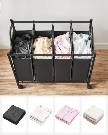 Cos de rufe cu 4 compartimente detasabile , portabil cu 4 roti , 4 x 35 L , negru [6]