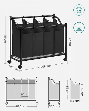 Cos de rufe cu 4 compartimente detasabile , portabil cu 4 roti , 4 x 35 L , negru [3]
