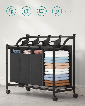 Cos de rufe cu 4 compartimente detasabile , portabil cu 4 roti , 4 x 35 L , negru [4]