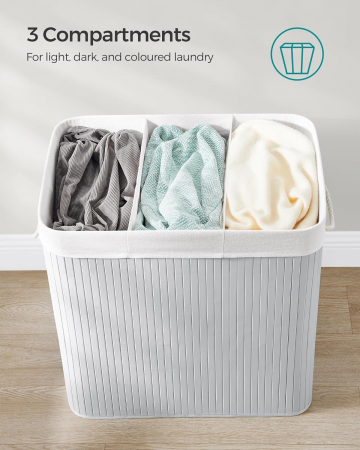 Cos de rufe pliabil din bambus , 3 sectiuni , capacitate 150 L , cu capac si manere laterale , 60 x 40 x 61,5 cm  , gri [7]