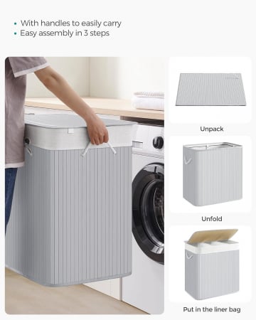 Cos de rufe pliabil din bambus , 3 sectiuni , capacitate 150 L , cu capac si manere laterale , 60 x 40 x 61,5 cm  , gri [3]